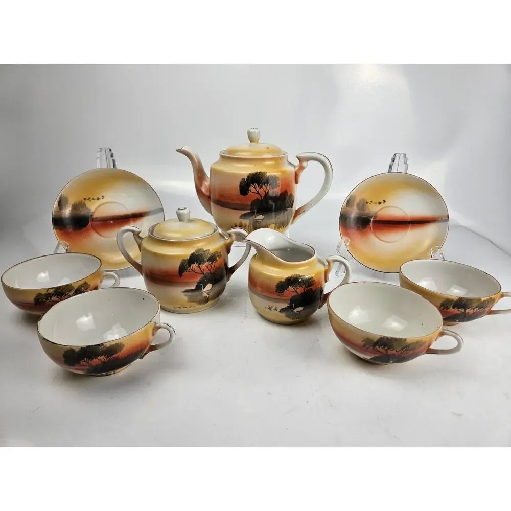Japan Lustreware Handpainted Sunset Tea Set Porcelain 9‎ Pieces